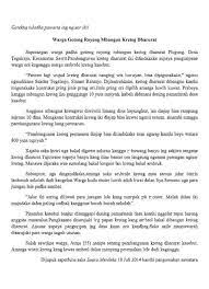 Kadadeyan utawa prastawa kang diwedharake iku awujud kadadeyan saben wektu sing ana ing ndonya iki, umpamane: Itu Bacaannyasoalnya 1 Apa Kang Diarani Pawarta Iku 2 Saka Ngendi Wae Bisa Oleh Pawarta 3 Pawarta Brainly Co Id