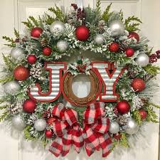 Christmas Wreath Front Door Wreath Joy Wreath Christmas Decor Plaid Ribbon R Christmas Wreaths To Make Christmas Wreaths Diy Christmas Decorations Wreaths