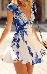 Love Blue White Plunging Neckline Blue And White Floral Print Dress Sweet Blue White Floral Print Summer Fashion Blue Floral Print Dress Cute Dresses