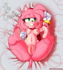 delicious soup, amy rose, sonic (series), absurdres, highres, 1girl, animal  ears, anus, artist name, ass, barefoot, bed sheet, breasts, clothes lift,  dress, dress lift, eyelashes, fat mons, feet, full body, furry, gloves,