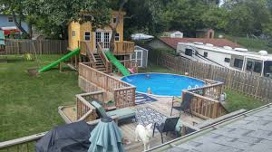 Backyard Tree House With Above Ground Pool Water Slide And Sandbox Deck Guest House Tiny Ho Swimming Pools Backyard Small Backyard Pools Backyard Pool Designs
