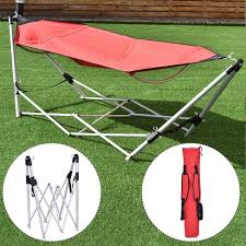About this hammock chair stand: Costway Red Portable Folding Hammock Lounge Camping Bed Steel Frame Stand W Carry Bag Target