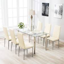 7 Piece Kitchen Dining Set Glass Top Table With 6 Leather Chairs Breakfast Furniture Beige Kitchen Table Settings Glass Dining Table Set Glass Dining Room Table