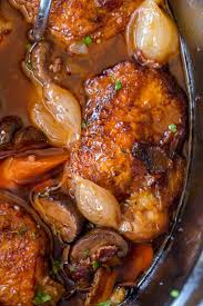 Slow Cooker Coq Au Vin Has All The Red Wine Braised Chicken Flavors With Shallots C Chicken Crockpot Recipes Chicken Slow Cooker Recipes Classic French Dishes