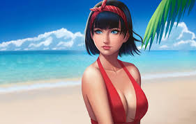 Wallpaper girl, sexy, cleavage, beach, sea, boobs, anime, blue eyes,  beautiful, short hair, pretty, swimsuit, breasts, attractive, handsome,  black hair images for desktop, section сэйнэн - download
