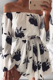 Black And White Long Sleeve Dress Black White Off Shoulder Floral Print Drawstring Vacation Dress Womens Skater Dress Nice Dresses Fashion Outfits