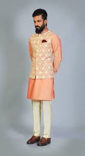 Peach Beige Combo Lotus Embroidery Kurta Sadri Pants Subtle Combination Puneetandnidhi Indian Men Fashion Indian Groom Wear Wedding Dresses Men Indian