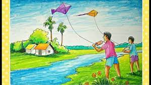 Get creative by decorating your kite kite flying parties are an amazing amount of frugal fun for all ages. How To Draw A Beautiful Kite Flying Scenery In Village Step By Step Youtube