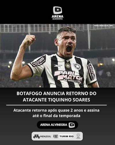 O Botafogo acertou o retorno de Tiquinho Soares para o clube. O atacante que teve uma passagem vencedora com a Gloriosa Camisa chega ao Mais Tradicional em transfer&ecirc;ncia sem custos. Tiquinho j&aacute;