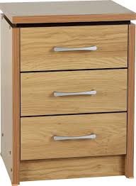 24.5w x 13d x 4.5h. Charles 3 Drawer Bedside Chest In Oak Effect Veneer With Walnut Trim
