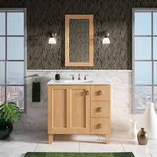 The mirror doubles the effect of the glass tile mosaic (from trend). Kohler Poplin 36 In W Vanity Cabinet In Khaki White Oak With Vitreous China Vanity Top In White Impressions With Basin 99533lgr1wfg81 The Home Depot