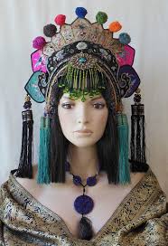Fantasy Festival Burning Man Goddess Asian Chinese Headpiece Headdress Crown Hat Costume Pom Poms Antique Textiles Embroid Beaded Fringe Crown Hat Vintage Silk