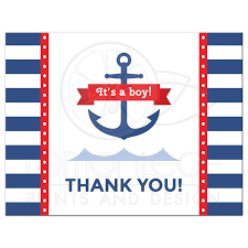 Nautical Baby Shower Flat Thank You Note Card With Anchor Waves And Stripes It S A Boy