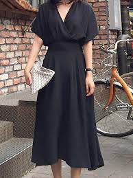 Popyark V Neck Midi Dress Swing Daytime Dress Half Sleeve Casual Solid Dress Popyark Gaya Model Pakaian Model Pakaian Model Pakaian Wanita