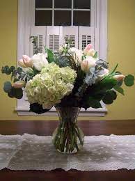 Silver Dollar Eucalyptus Would Love A Scaled Up Version Of This As A Dramatic Arrangeme Church Flower Arrangements Hydrangea Arrangements Floral Arrangements