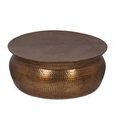 Peays modern handcrafted aluminum drum coffee table, brass. Kenwood Modern Handcrafted Aluminum Drum Coffee Table Aged Brass