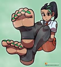 reathroch, nemona (pokemon), creatures (company), game freak, nintendo,  pokemon, pokemon sv, highres, 1girl, dark-skinned female, dark skin, feet,  foot focus, nail polish, ponytail, school uniform, simple background,  soles, solo, stirrup legwear, sweat,