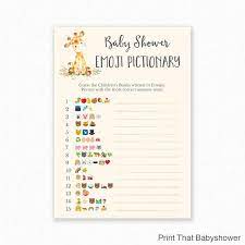 Free printable baby shower emoji pictionary quiz emoji pictionary is a modern and new game and it is very popular these days. Baby Shower Games Giraffe Baby Shower Emoji Pictionary Etsy Baby Shower Giraffe Pink Elephants Baby Shower Elephant And Giraffe Baby Shower