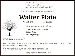 Traueranzeigen von Walter Plate
