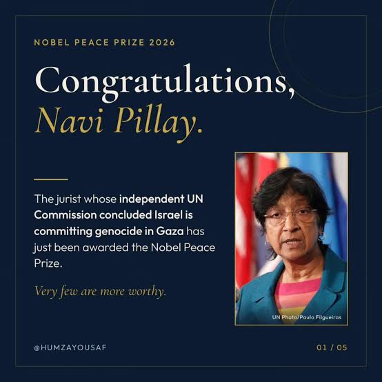 The distinguished legal expert and judge whose independent UN Commission  found Israel guilty of genocide has just won the Nobel Peace Prize. That is  not a coincidence. Congratulations to human rig