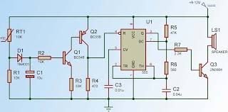 We have seen in the last few tutorials that the 555 timer can be configured with externally connected components as multivibrators, oscillators and timers, with timing intervals ranging from a few microseconds to many hours. Fire Alarm Circuit Using Ic 555 Timer Thermistor
