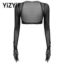 Women Sexy See Through Mesh Gloves Tops Long Sleeve Open Chest Sheer Crop Top Clubwear Pole Dance Black Transparent T Shirts T Shirts Aliexpress