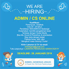 Lowongan kerja di tasikmalaya april 2021 temukan loker terbaru yang sesuai dengan lokasi, pendidikan, dan minat anda. Lowongan Kerja Admin Cs Online Di Bimbel Generasi Jenius Tasikmalaya 2019 Lowongan Kerja Terbaru Tahun 2020 Informasi Rekrutmen Cpns Pppk 2020