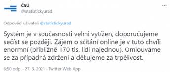 Kvůli přetížení systém nefungoval a český statistický úřad ráno elektronické sčítání pozastavil. Wj1w Qlhphklem