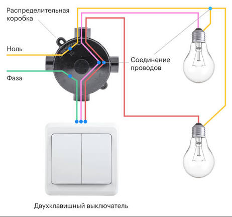 Схема подключения двухклавишного выключателя