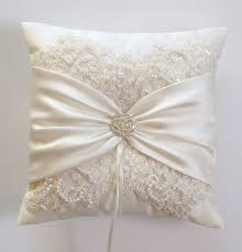 Wedding Ring Pillow With Beaded Alencon Lace Ivory Satin Sash Cinched By Crystals The Miranda Pillow Wedding Cushion Lace Pillow Wedding Pillows