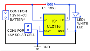 The above circuit uses a solar panel rated 16v/5w to charge the battery during day time. Garden Solar Light Detailed Circuit Diagram Available