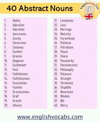 What is a noun with example. 40 Abstract Noun List In English English Vocabs