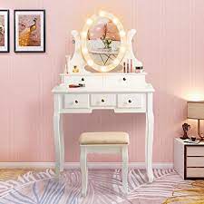 Maybe you would like to learn more about one of these? Buy Vanity Table Set With Lighted Mirror Makeup Dressing Table And Cushioned Stool Set With 5 Large Drawers For Women Girls White Online In Taiwan B07xr1gj21