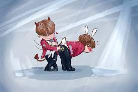 Jikook, kookmin, jimin, jungkook, chibi bts, bangtan, bts cute, chibi jikook, jikook kimbap, bts, mainachitra, chibi, bts fanart. Fanart Bts 21