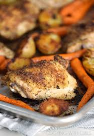 Sheet Pan Roast Chicken Thighs With Potatoes And Carrots Is A Simple And Delicious Meal That Is P Chicken Thights Recipes Chicken Thighs Roasted Chicken Thighs