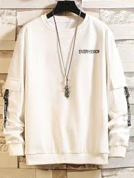 Letter Print Buckle Ribbon Flap Pocket Sweatshirt Black Gray Cloud White Ad Ribbon Flap Buckle Black And White Hoodies Sweatshirts Hoodie Outfit Men