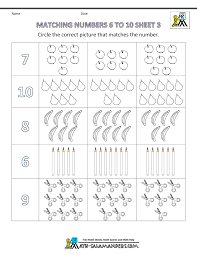 pre k math worksheets matching 6 to 10