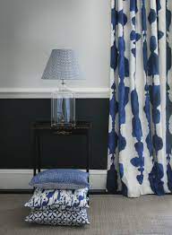 Lampshade In Portia Ink Blue Curtain In Inkat And Cushions In Weave Quadria And Splatter All Printed On A Curtains With Blinds Interior Home Decor