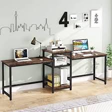 For a small privacy divider you can have a clear glass which also brings a nice touch to space. Amazon Com Tribesigns 96 9 Double Computer Desk With Printer Shelf Extra Long Two Person Desk Workstation With Storage Shelves Large Office Desk Study Writing Table For Home Office Dark Brown Kitchen Dining