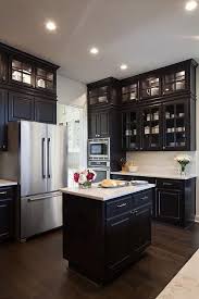 Small Black Kitchen Features Black Cabinets Paired With White Marble Countertops Black Kitchen Cabinets Glass Fronted Kitchen Cabinets Interior Design Kitchen