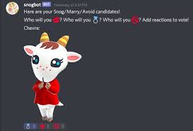 When users who have a server. Nicole He On Twitter I Made A Acnh Discord Bot Called Snogbot Who Posts Three F M K Or As We Politely Say Snog Marry Avoid Candidates Once A Day And Everyone Votes With Emoji Reactions