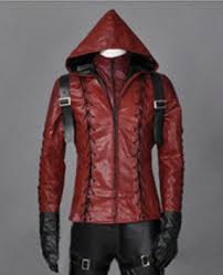 Red arrow, arsenal, speedy, trois archers, un seul homme : Arrow Arsenal Red Colton Haynes Hooded Leather Jacket Coats Jackets Clothing Shoes Accessories