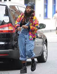 Girl N The Hood Misha B Looks Back To The 90s In Dungarees And A Garish Harlequin Bomber Jacket Throwback Outfits 90s Fashion Outfits 90s Kids Fashion