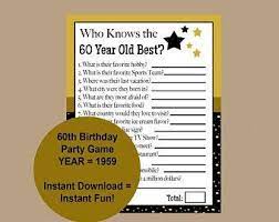 Oct 17, 2021 · 60th birthday trivia questions. 1960 Birthday Trivia Game 1960 Birthday Parties Games Etsy Birthday Games For Adults Birthday Games 60th Birthday Ideas For Mom
