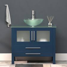 Rated 5 out of 5 stars. 36 Wide Bathroom Vanity Set With Tempered Glass Countertop With Round Glass Bowl Vessel Sink Faucet And Matching Vanity Mirror By Cambridge Plumbing Kitchensource Com