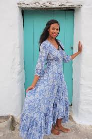Godin Blauwe Hand Blok Print Maxi Katoenen Jurk Van Ibiza Maxi Dress Cotton Cotton Dresses Goddess Dress