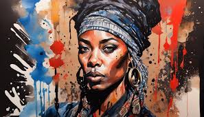 portrait, Tim Okamura, Andrea Matus deMeng, bohemian, dynamic, fiery, pop  art, watercolor and ink, black waterdrop background