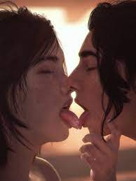 2girls 3d black hair brown hair canon couple dina (the last of  us) drdabblur ellie (the last of us) female female only french kiss kissing  lesbian open mouth passionate