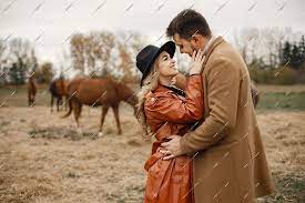 زن بلوند و مرد سبزه با اسب های قهوه ای در مزرعه ایستاده اند. زن با لباس  مشکی، کت چرمی و کلاه و مردی با کت 0
