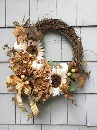 Romantic Rustic Ginger Autumn Floral Wreath With Ivory Etsy Thanksgiving Wreaths Wreaths Large Wreath